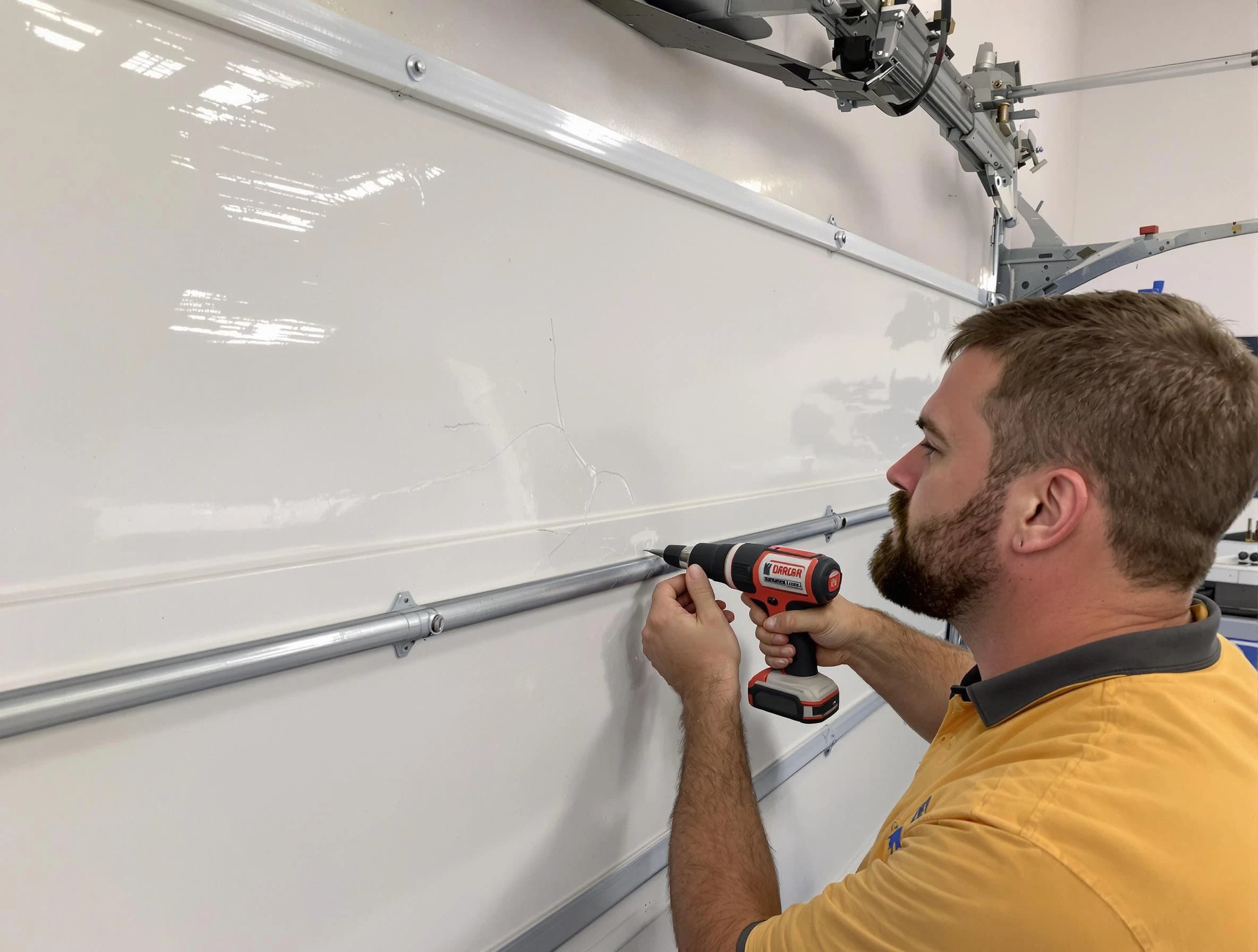 Litchfield Park Garage Door Repair expert performing dent repair on garage door in Litchfield Park