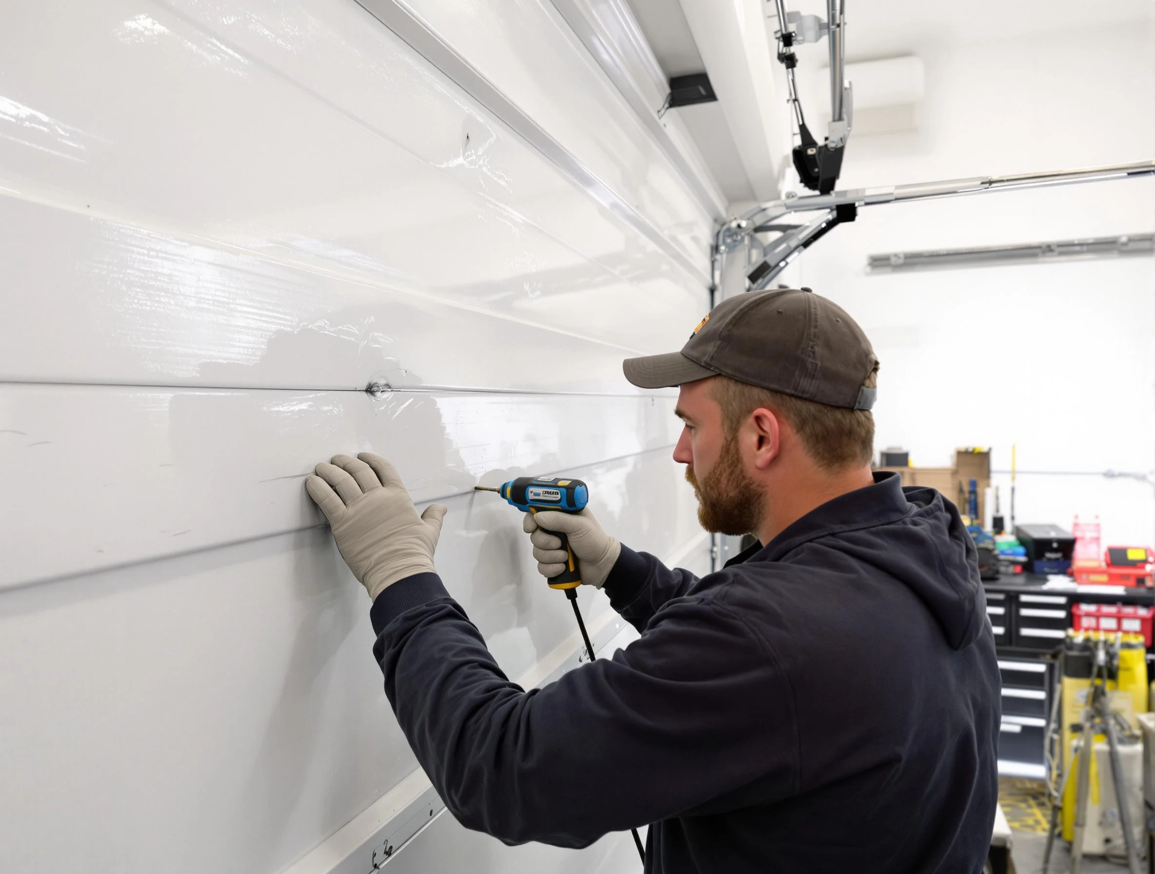 Litchfield Park Garage Door Repair technician demonstrating precision dent removal techniques on a Litchfield Park garage door