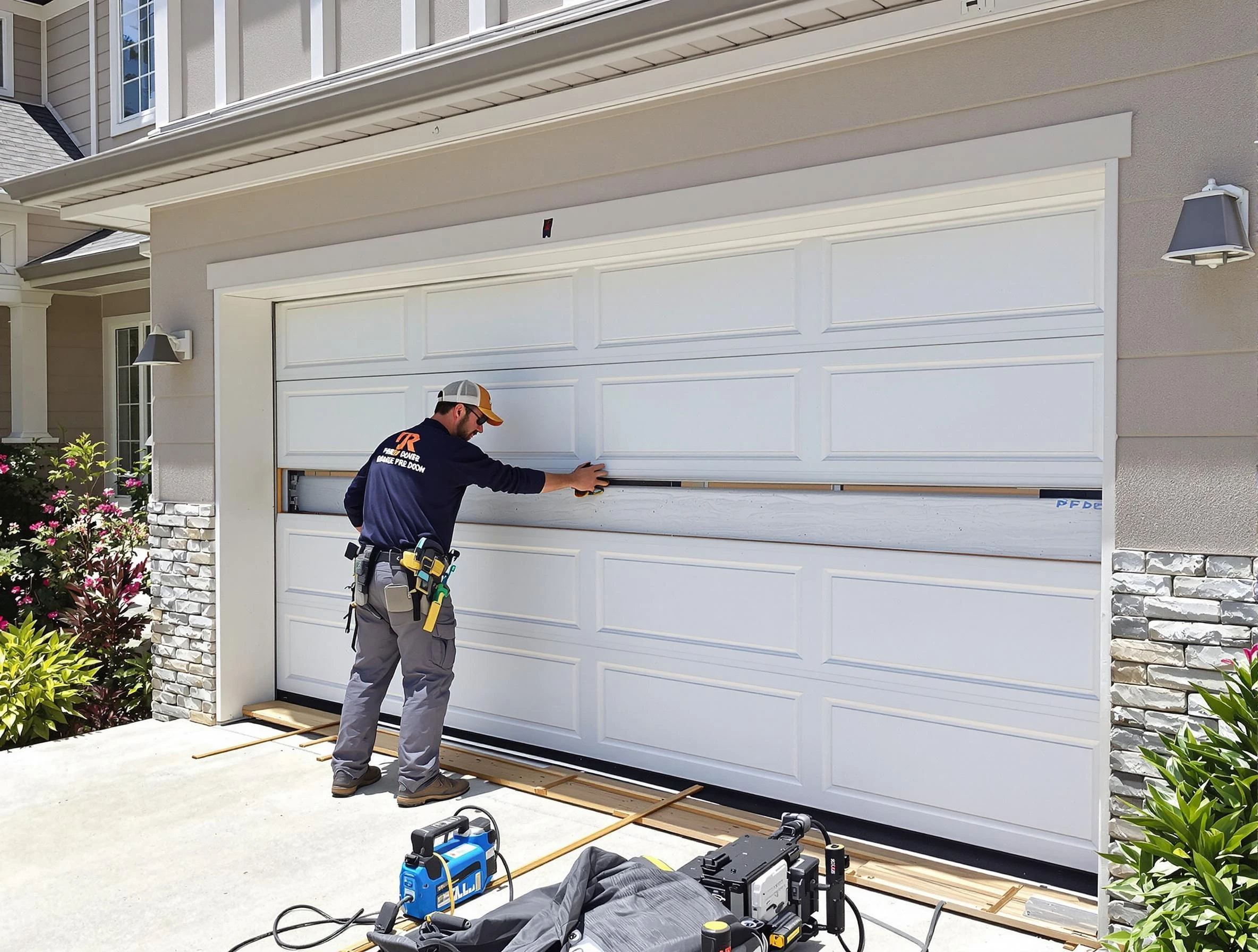 Litchfield Park Garage Door Repair team performing complete garage door replacement at Litchfield Park residence